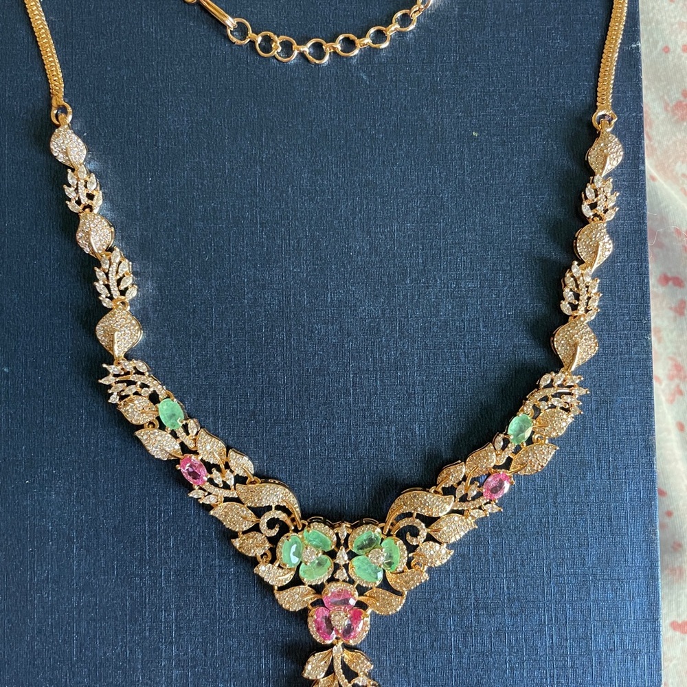 Gold-Tone Floral Necklace with Pink and Green Stones